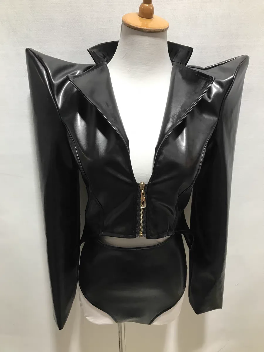 Black Stretch PU cropped shoulder Pad Leather Jacket Nightclub Female Singer Gogo Ds Stage Performance Outfit