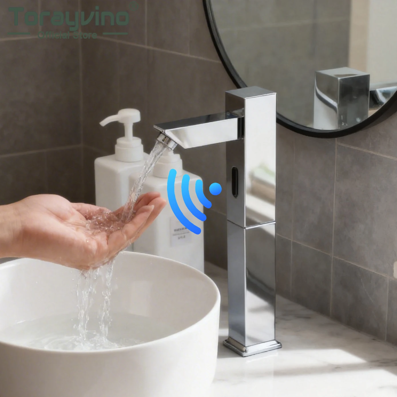Torayvino Sensor Bathroom Faucet Deck Mounted Tall Body Automatic Hand Control Tap Basin Sink Faucets Hot Cold Water Washbasin