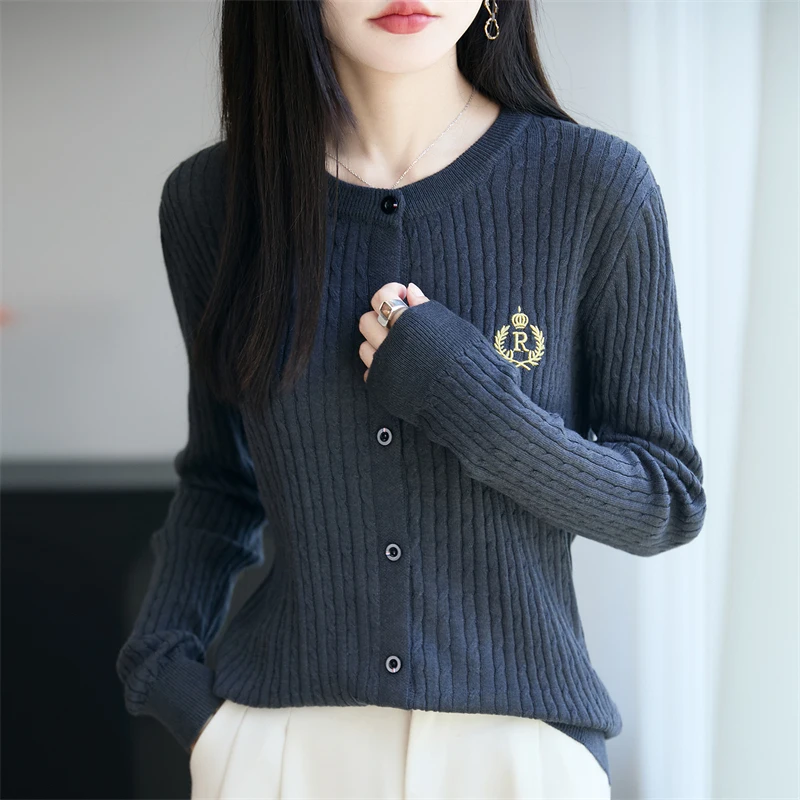 المرأة الملتوية زهرة مطرزة سترة جولة الرقبة واحدة الصدر محبوك سترة طويلة الأكمام تنوعا قمة الموضة