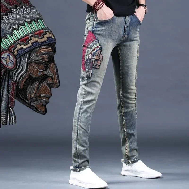 Men's Jeans Broken Skinny Man Cowboy Pants Tight Pipe Trousers Slim Fit with Holes Torn Graphic Embroidery Ripped Spring Autumn