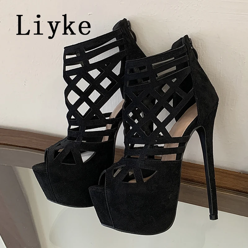 Liyke Frühling Sommer Aushöhlen Peep Toe Extreme High Heels Stripper Pole Dance Schuhe Fashion Zip Frauen Plattform Pumpen Größe 35-42