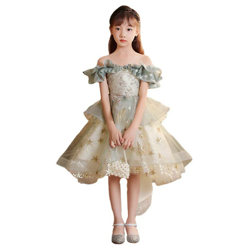 Flower Girl Dresses for Wedding Butterfly Princess Tutu Lace Appliqued Lace Up Yellow One Shoulder Girl First Communion Dress