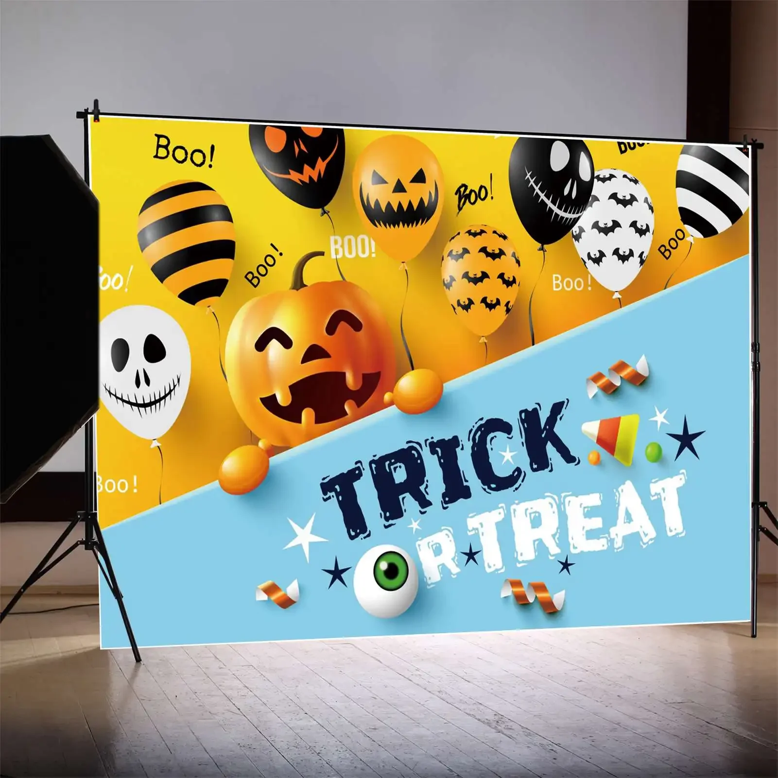 MOON.QG fondale dolcetto o scherzetto Banner di Halloween oro blu Boo sfondo della parete del partito personalizzato palloncino nastro Candy Photo Booth