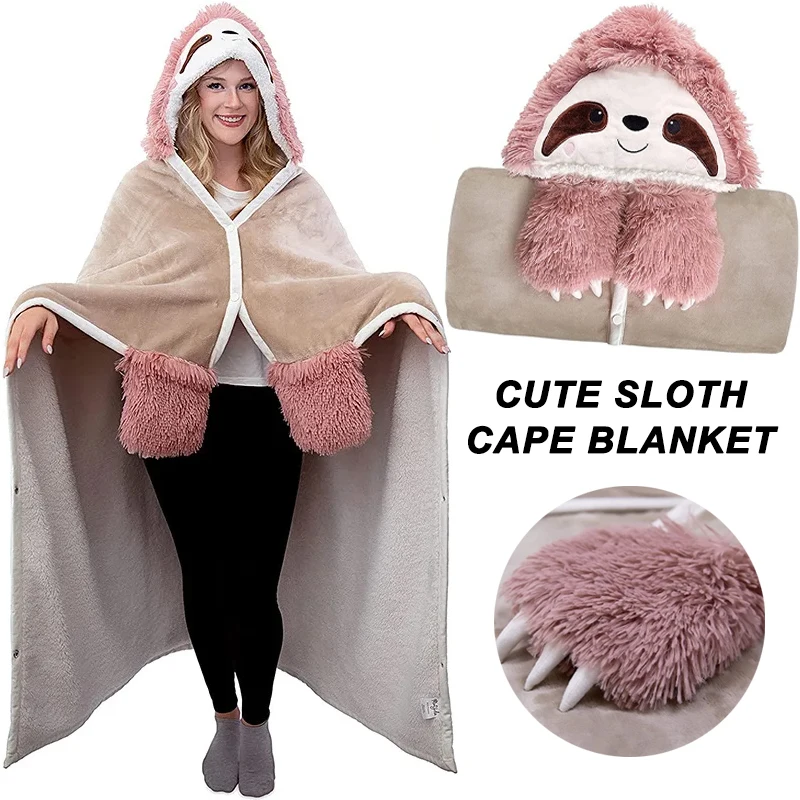 

Cozy Wearable Blanket Sloth Cape with Glove Cartoon Animal Hooded Flannel Blanket Winter Home Christmas Gift Cute Hoodie Blanket