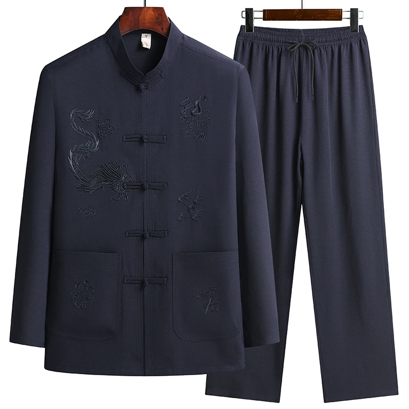 Shirt + pants, spring and autumn cotton and linen suit middle-aged dad long-sleeved Chinese style Tang suit two-piece set