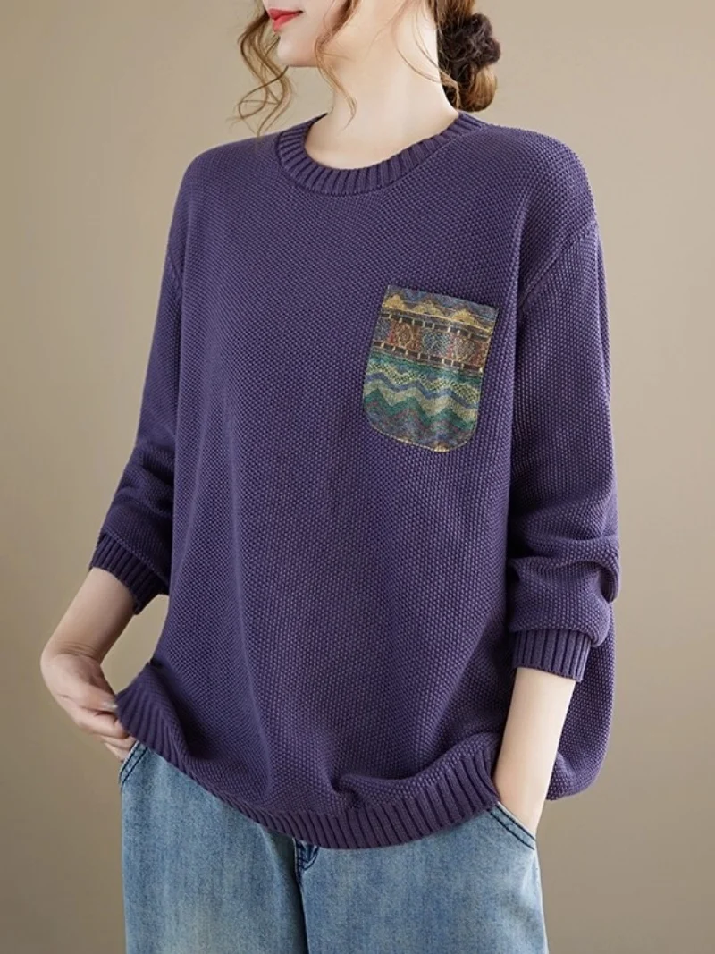 2025 Autumn Spring New Cotton Knit Sweater Women's Floral Patch Pocket Loose Casual Round Neck Base Shirt Pullover Top w1309