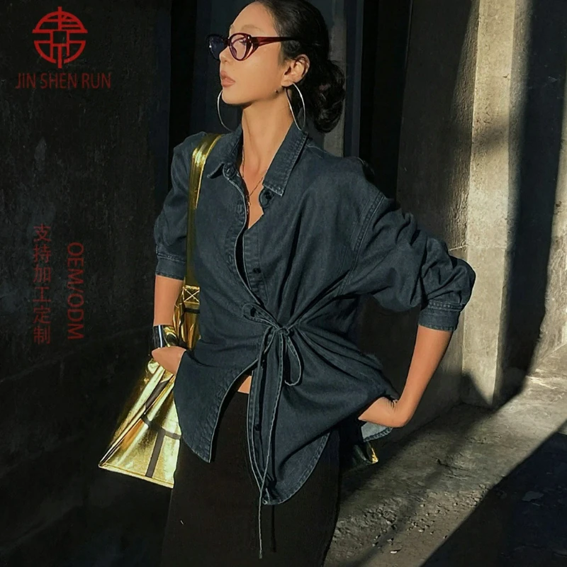 

Women Denim Jackets Long Sleeve Buttons Coats Lace Up Irregular Streetwear Jacket Turn Down Collar Solid Pocket Coat Autumn