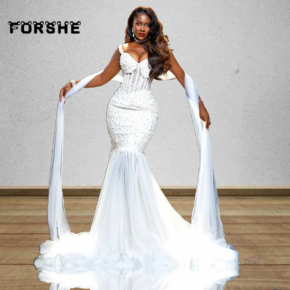 

Elegant Pearls Wedding Dresses Mermaid Vestidos De Novias 2024 Custom Made Aso Ebi Long Bridal Gowns