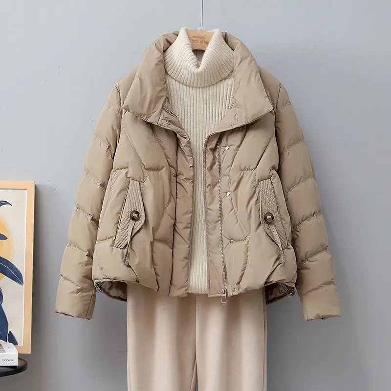 

White Du down Jaet Women's ort Stand Collar Embellied Winter Coat Korean Sle Commute Thiened Polyester Fiber