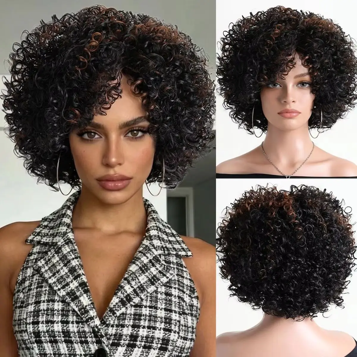 

12-дюймовые короткие кудрявые волосы, искусственные синтетические волосы, африканский стиль, подходят для женских натуральных кудрявых волос, для ролевых игр и вечеринок