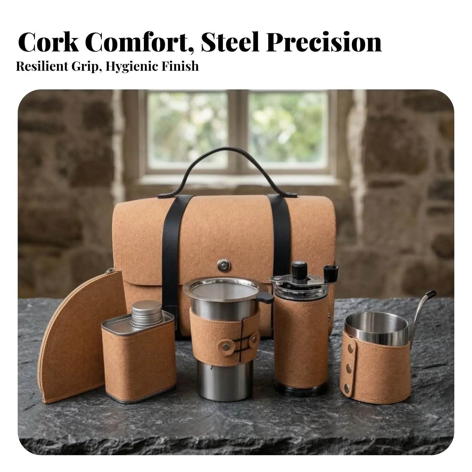 Hand Coffee Grinder Set with Carry Case Stainless Steel Cork Design Pour over Coffee Maker Equipment for Travel Camping Office