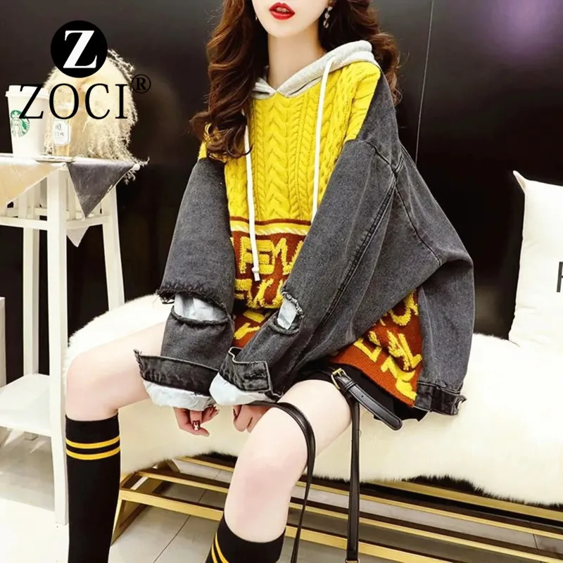 [ZOCI] 2024 Autumn Winter Design Denim Patchwork Sweater Jacket For Women, Loose Fit Slimming Hooded Fake Two-piece Knitted