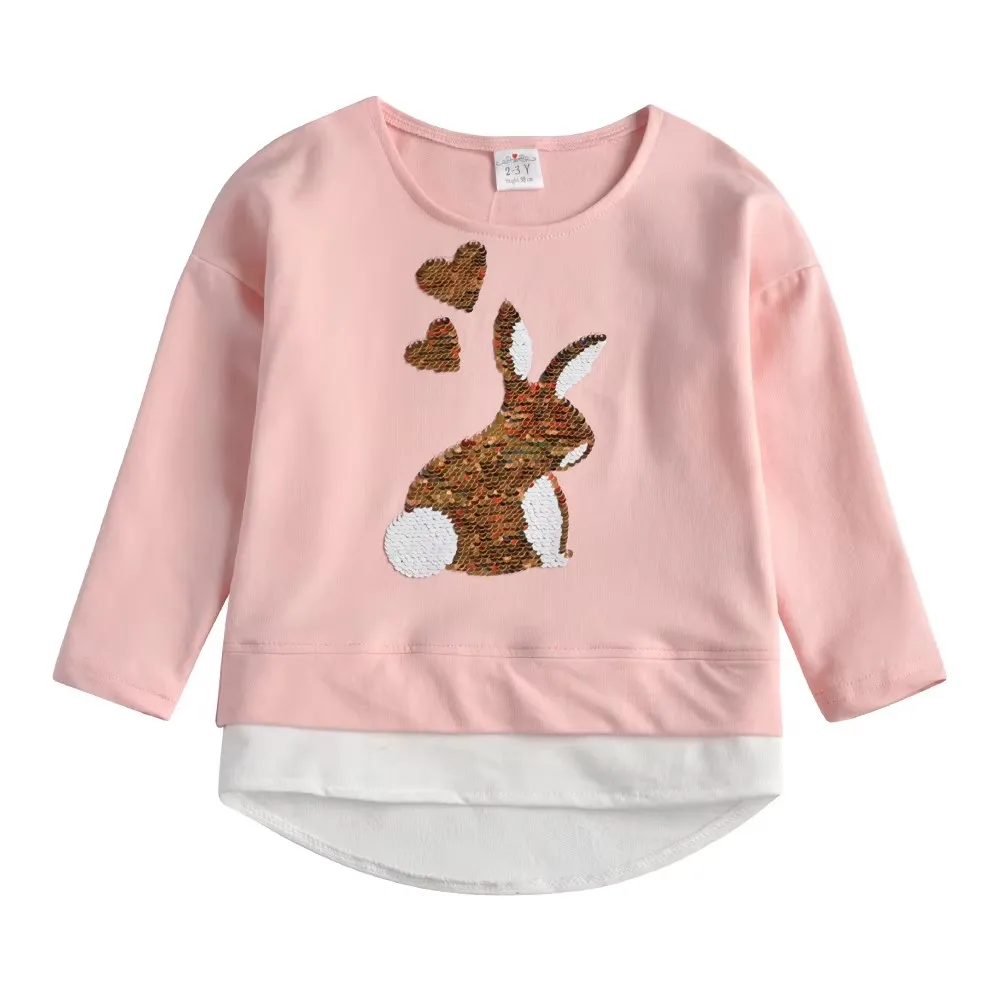 VIKITA Girls Pink Rabbit Heart Shape Sequined Appliqued Cotton Casual T Shirt Kids Daily School Long Sleeve Tops and Tees