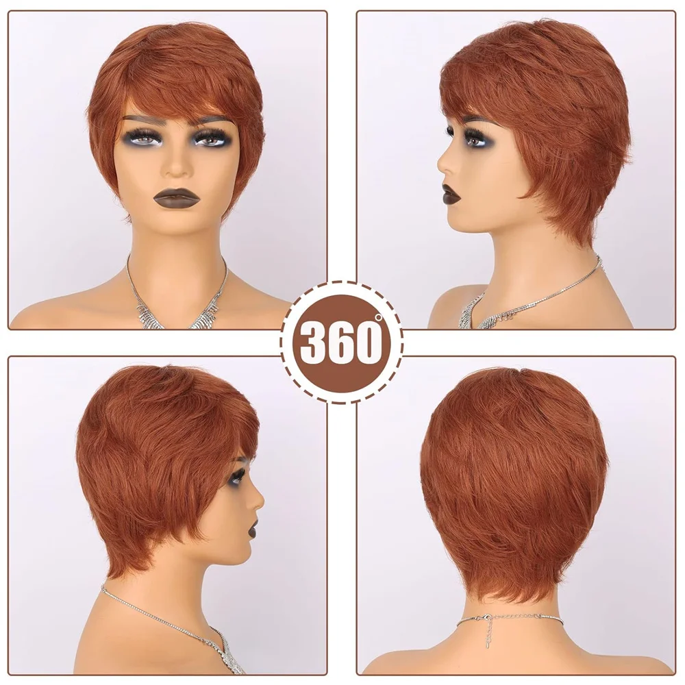 Short Red Pixie Cut Remy Human Hair Wigs Ready To Wear Glueless Straight Natural Color Full Machine Made Honey Blone Wig