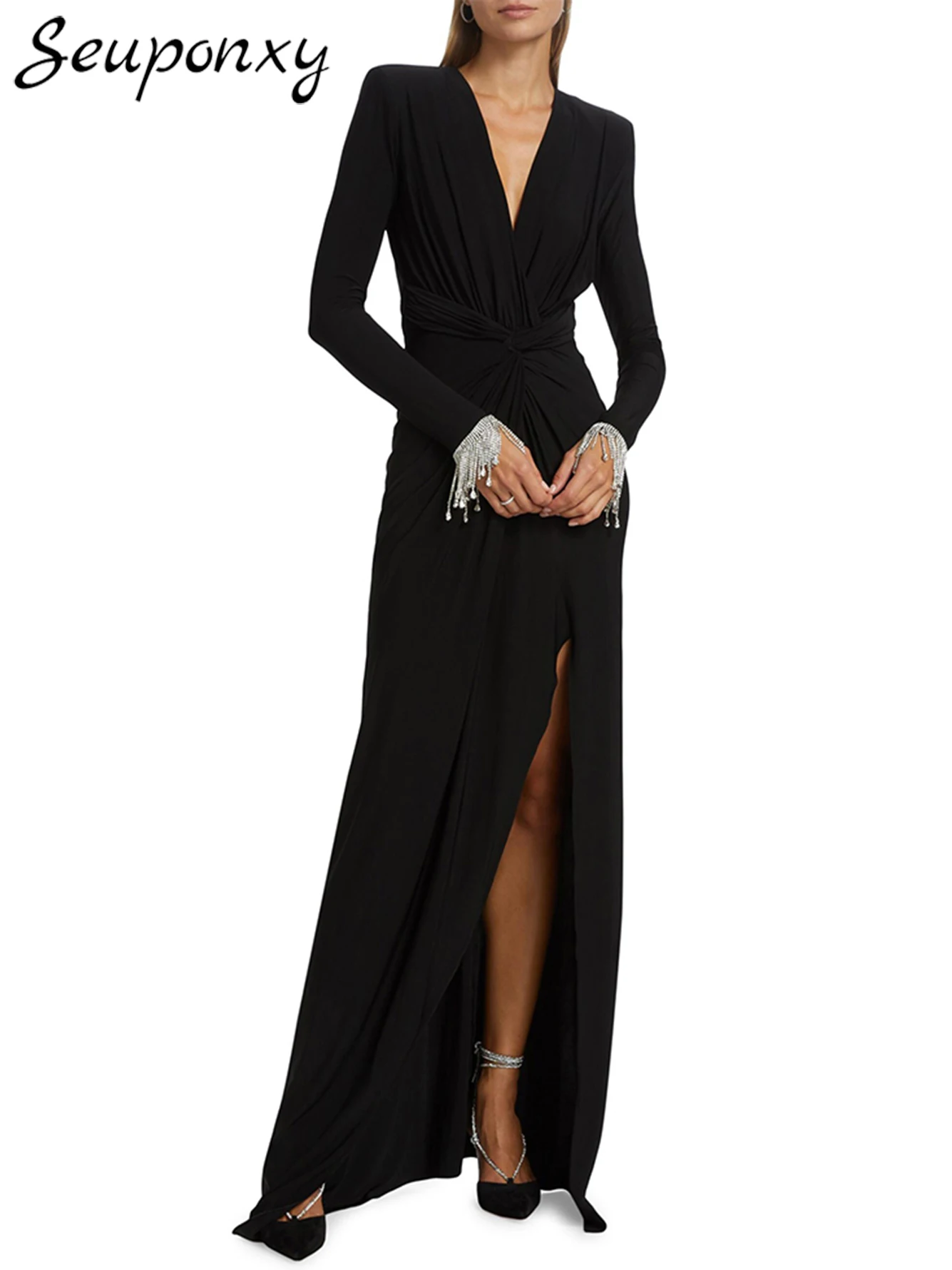 

High Quality Women'S Sexy V-Neck Long Sleeved Diamond Tassel Pleated Black Maxi Dress 2024 Elegant Evening Party Dress Vestitos