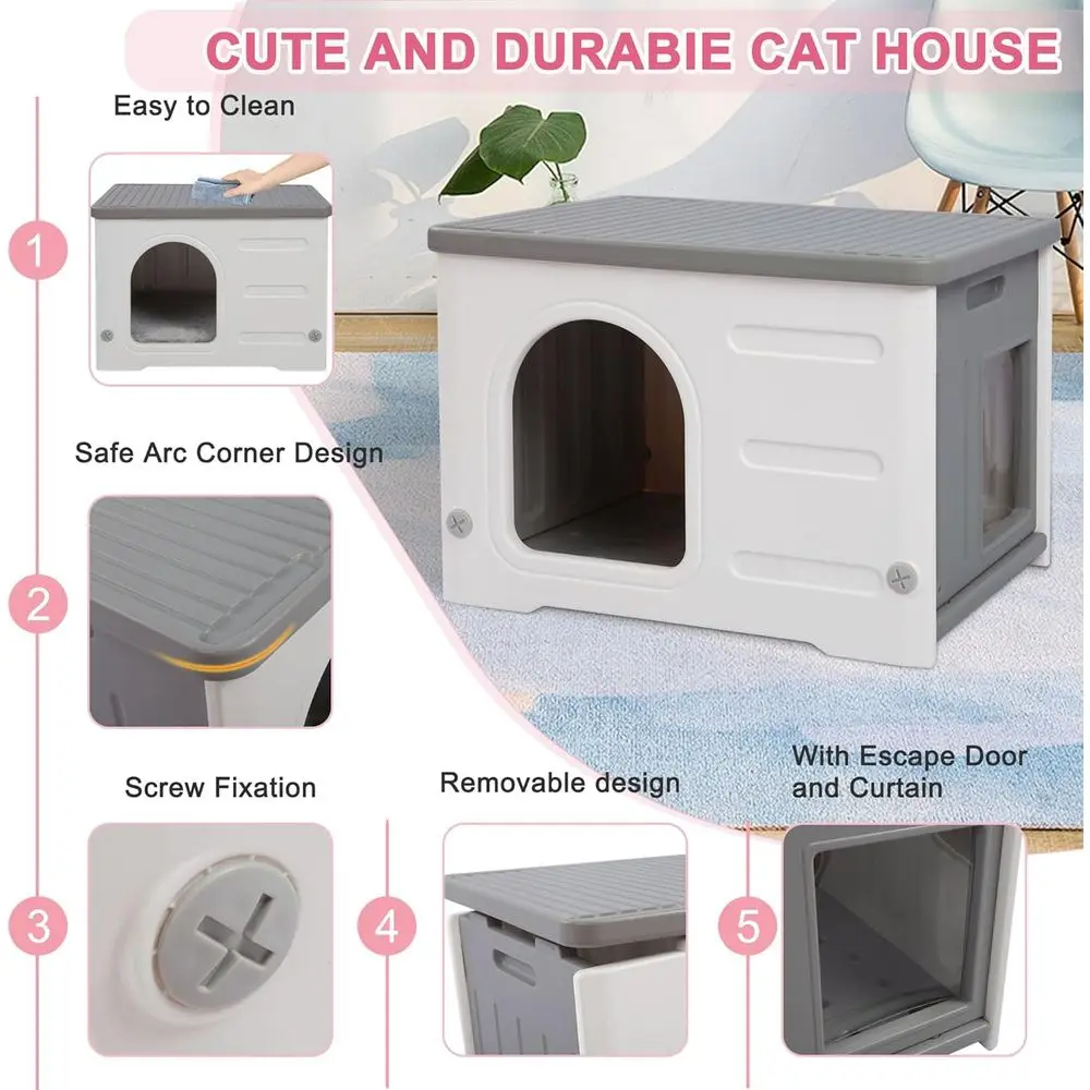 بيت قطط بلاستيكي داخلي/خارجي باللون الرمادي مع باب هروب للحيوانات الأليفة الصغيرة والمتوسطة
