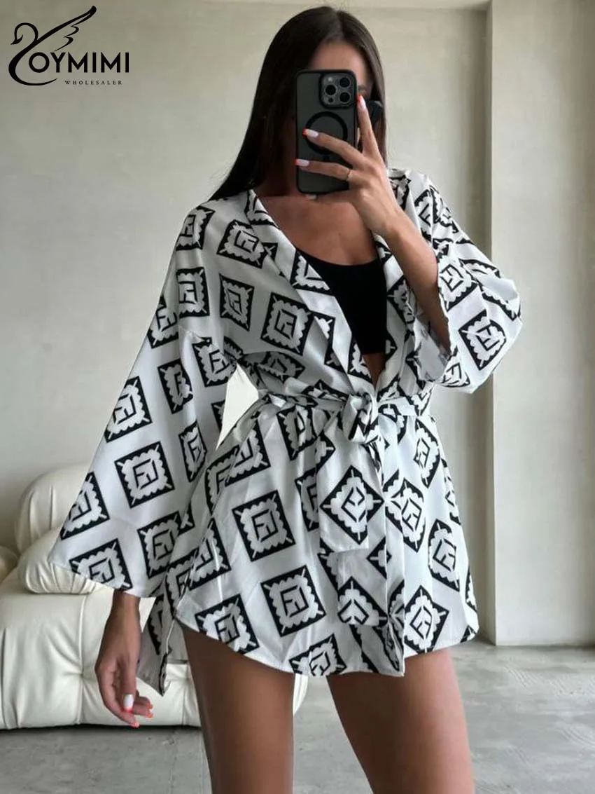 

Oymimi Casual White Print Sets Womens 2 Piece Fashion Wrist Sleeve Lace-Up Shirts And High Waisted Shorts Sets Female Clothing