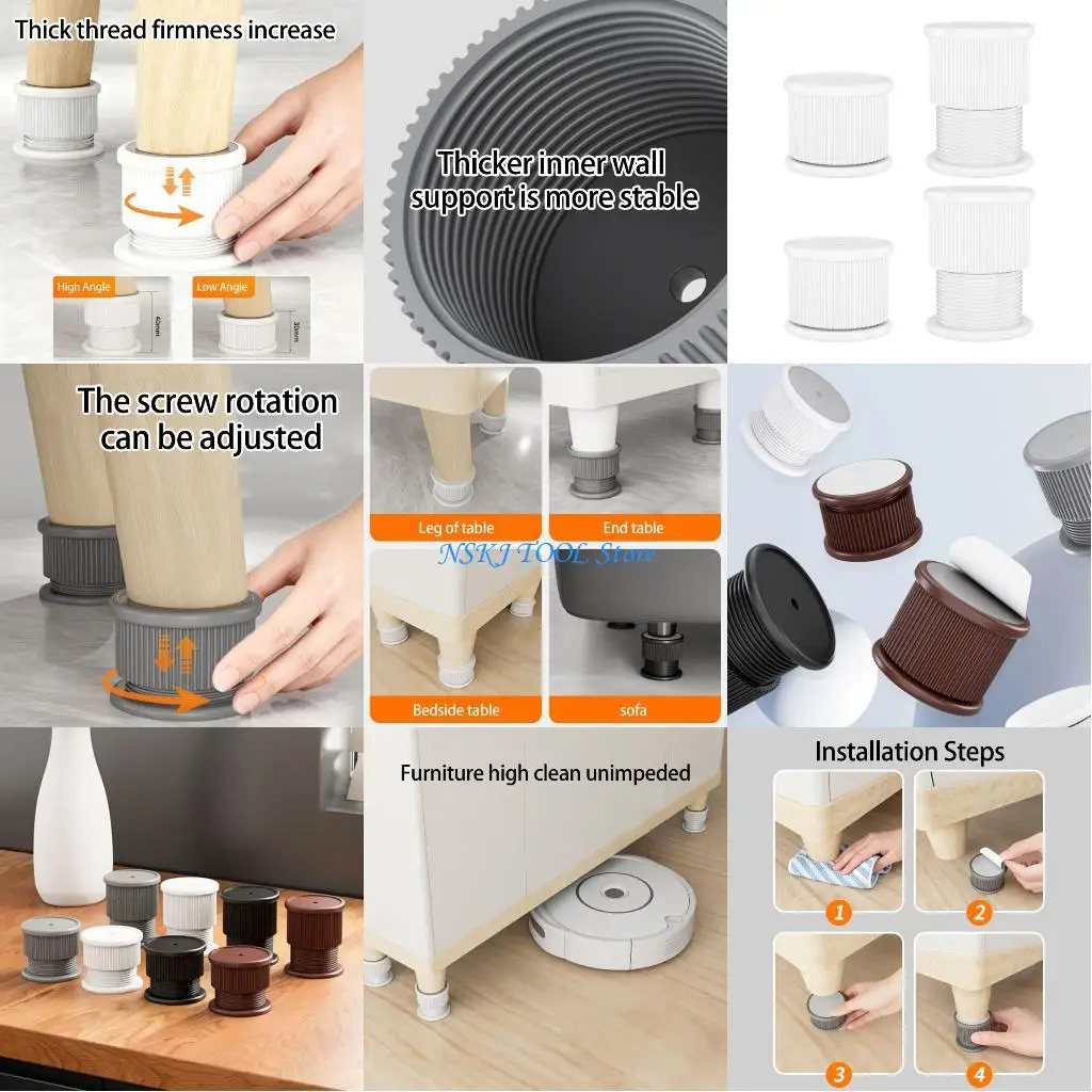 L8RC Without Drill Risers Providing Adjustable Height and Stability Support for Furniture Leveling in Cabinets and Wardrobes