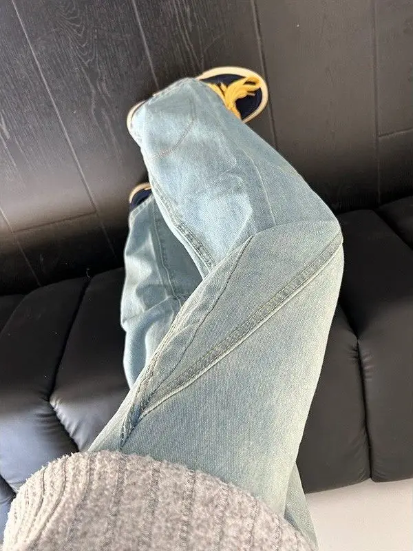 

Blue Washed Men's Slim Fit Straight Leg Jeans High Street Style Patchwork Bell Bottoms mid Waist Zipper Closure Vintage Feel