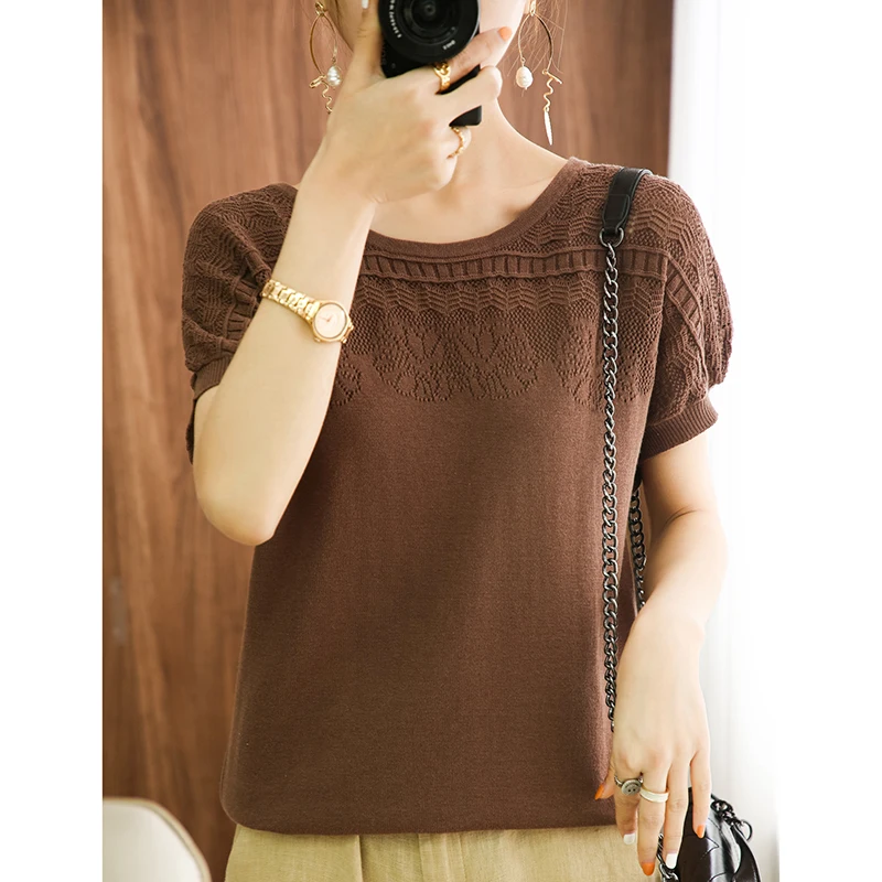 Women 100% Pure Cotton Tees Sweater Short-sleeved Summer New Pullover Vest Ladies O-neck Knitted Loose Hollow Jacquard T-shirt