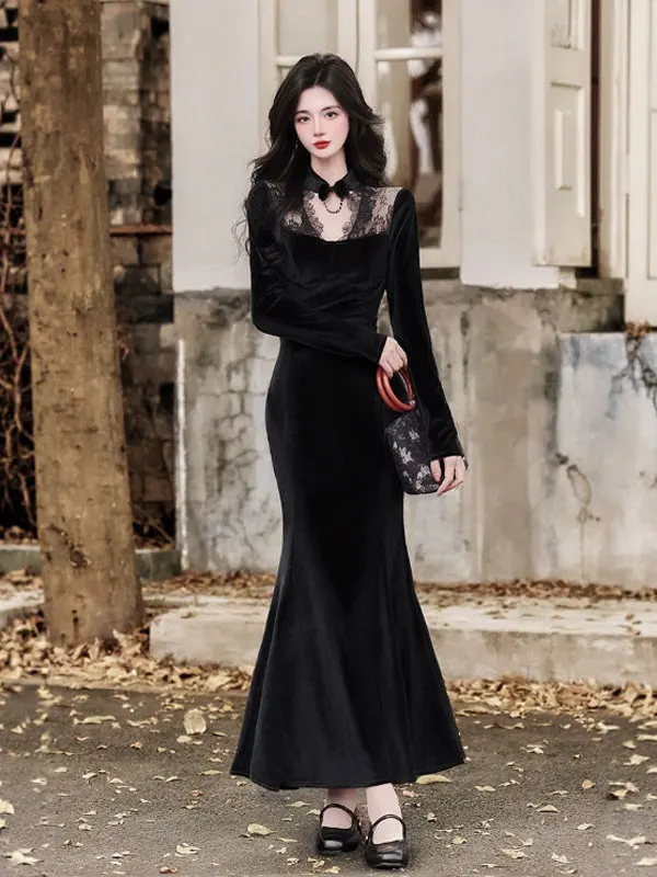 Hebden Style Velvet Bodycon Fish Tail Long Dress Fashionable Elegant Spring 2026 Women's Dress High Waist Lace Splice