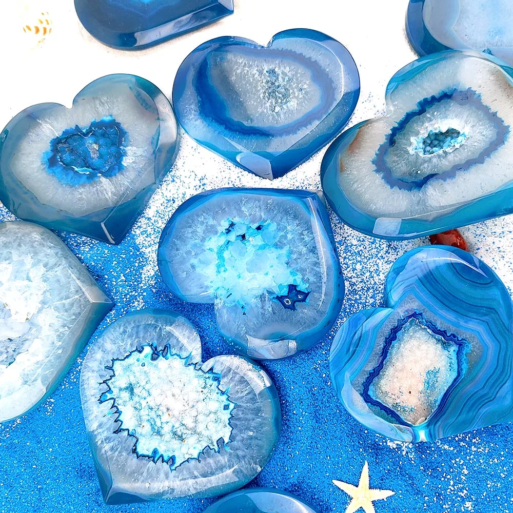 1Pc Blue Sardonyx Agate Geode Heart Palm Energy Gemstone Room Decoration Handicraft Ornaments Gift Purification Aesthetic