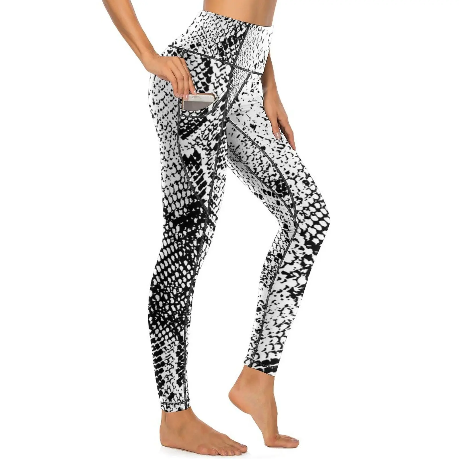 Snake Skin Python Yoga Pants Sexy Black White Graphic Leggings High Waist Work Out Leggins Women Retro Quick-Dry Sports Tights