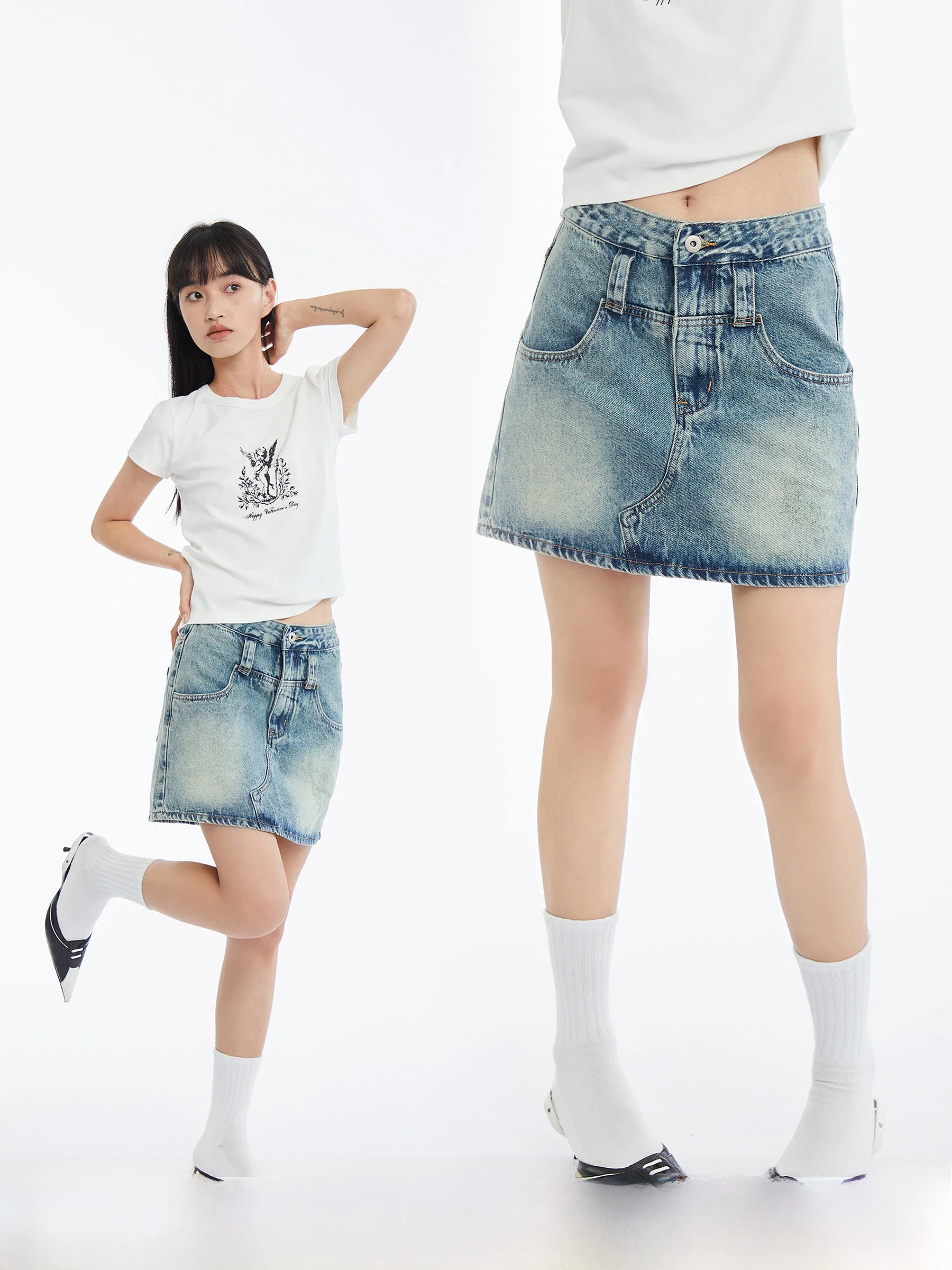 

Юбка А-силуэта из денима с низкой посадкой, простой конструкции, из смесового хлопка, удобная для повседневной носки