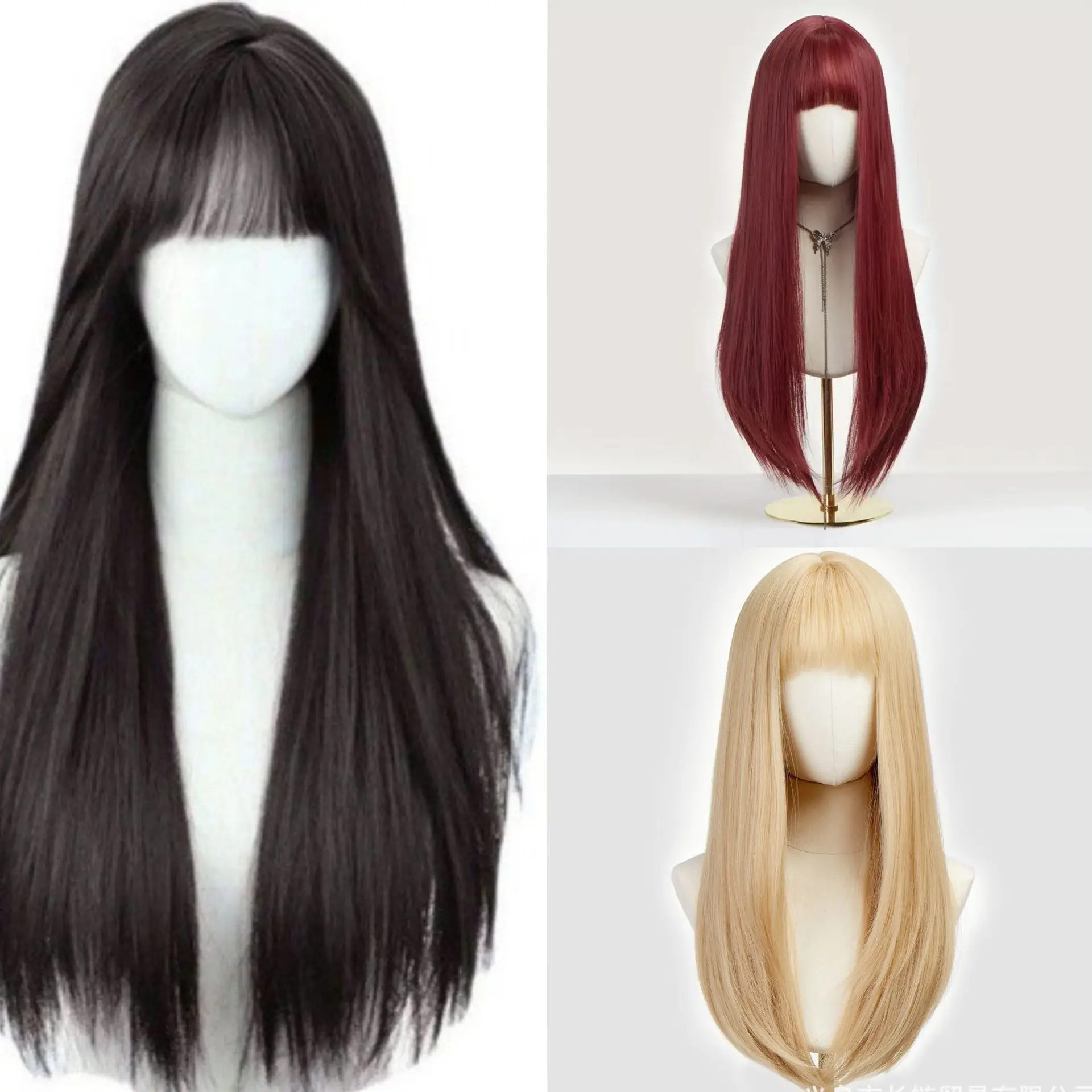

Daily trend Qi bangs long straight hair wig wearing natural original style fluffy full head cover wig direct sales