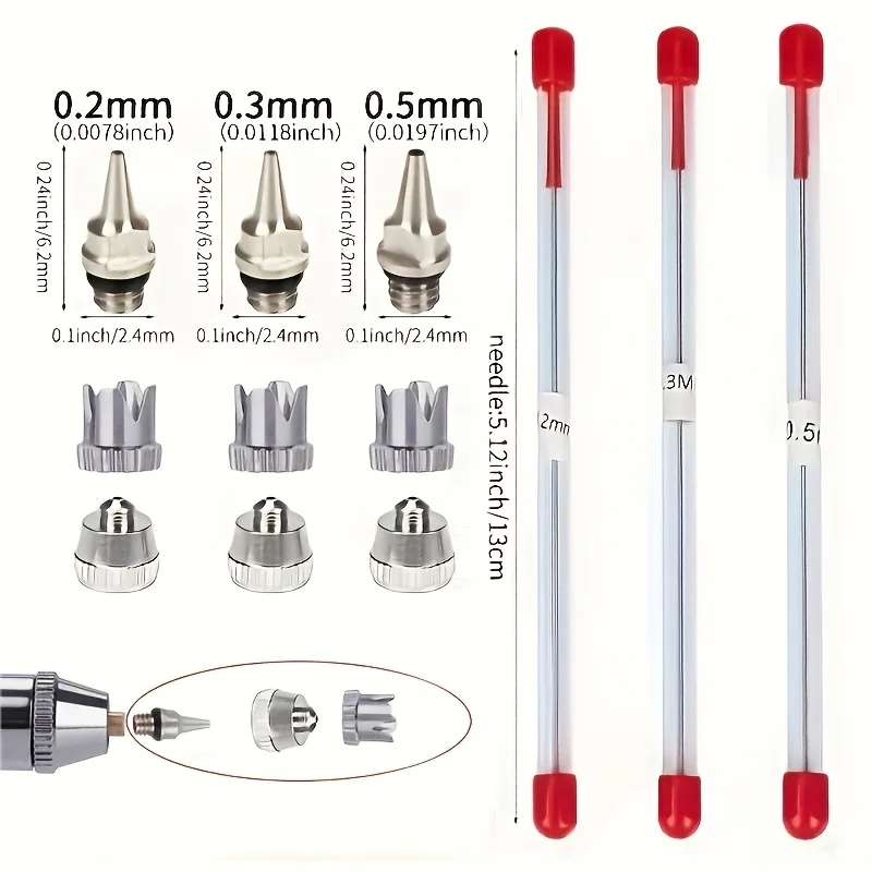 12-piece set 0.2/0.3/0.5mm metal airbrush nozzles - Accessories for pneumatic airbrushes, paint sprayers, airbrush systems - Rep