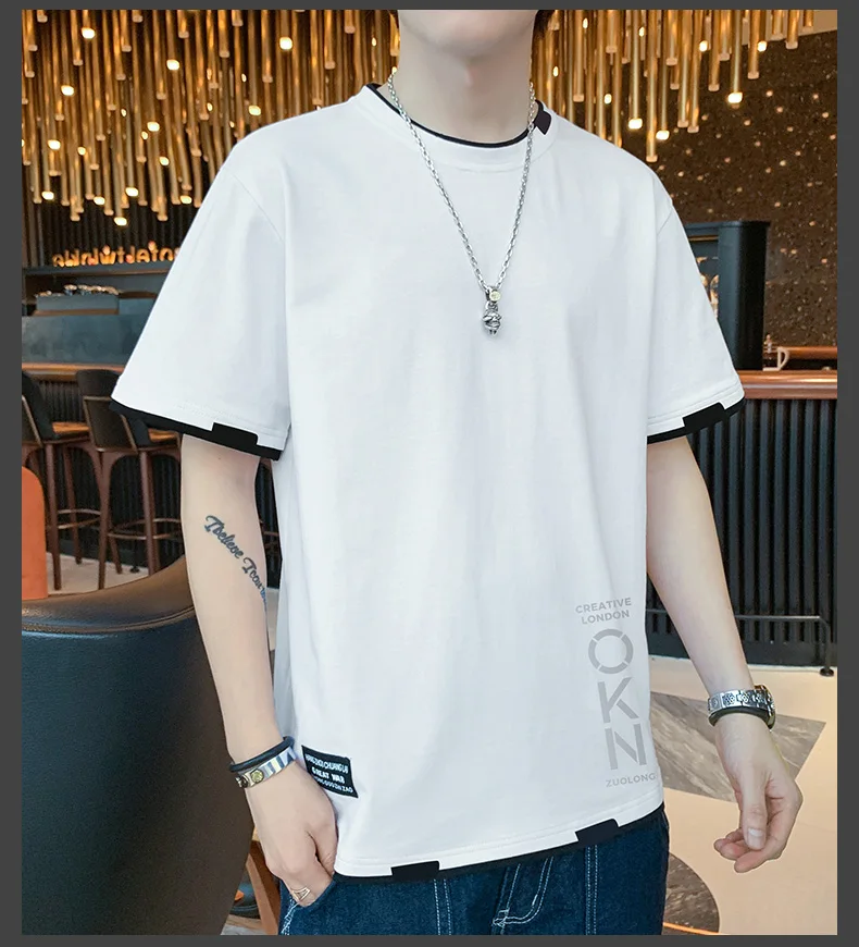 

Мужская летняя трендовая свободная одежда из 100% хлопка, брендовая футболка с круглым вырезом и короткими рукавами, новые футболки ручной работы с искусственными двумя половиной рукавов