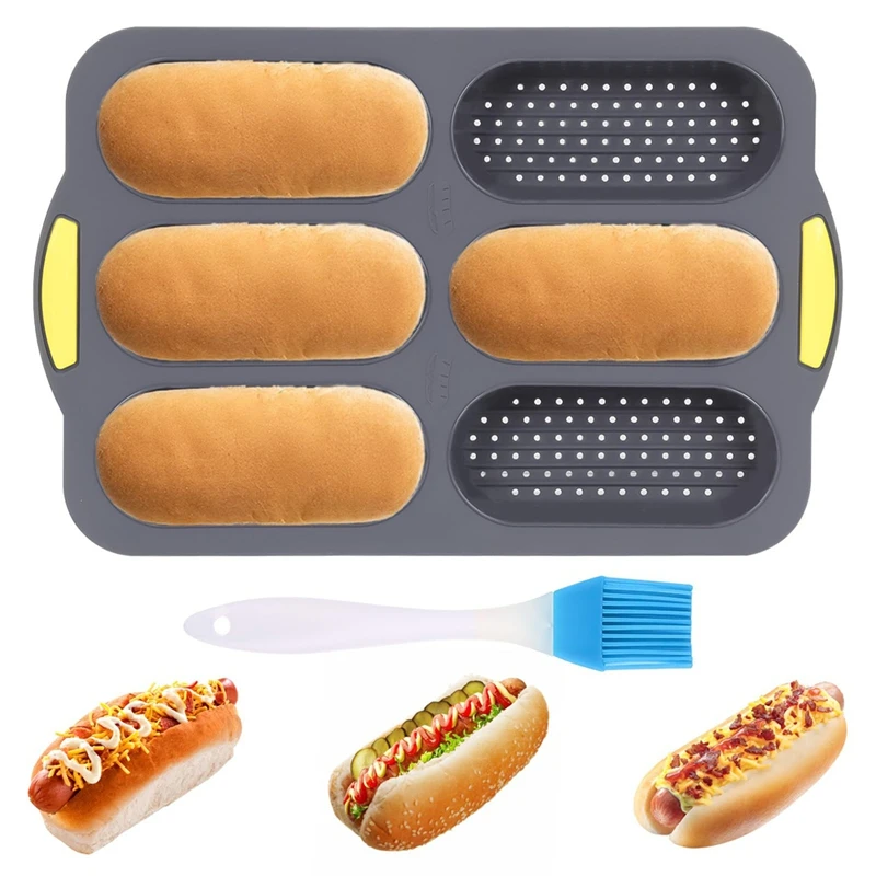 Silicone Pan, Hot Dog Bun Pan With Oil Brush,6 Gutter Nonstick French Bread Bake Mold, French Bread Loaf Pan For Hot Dog