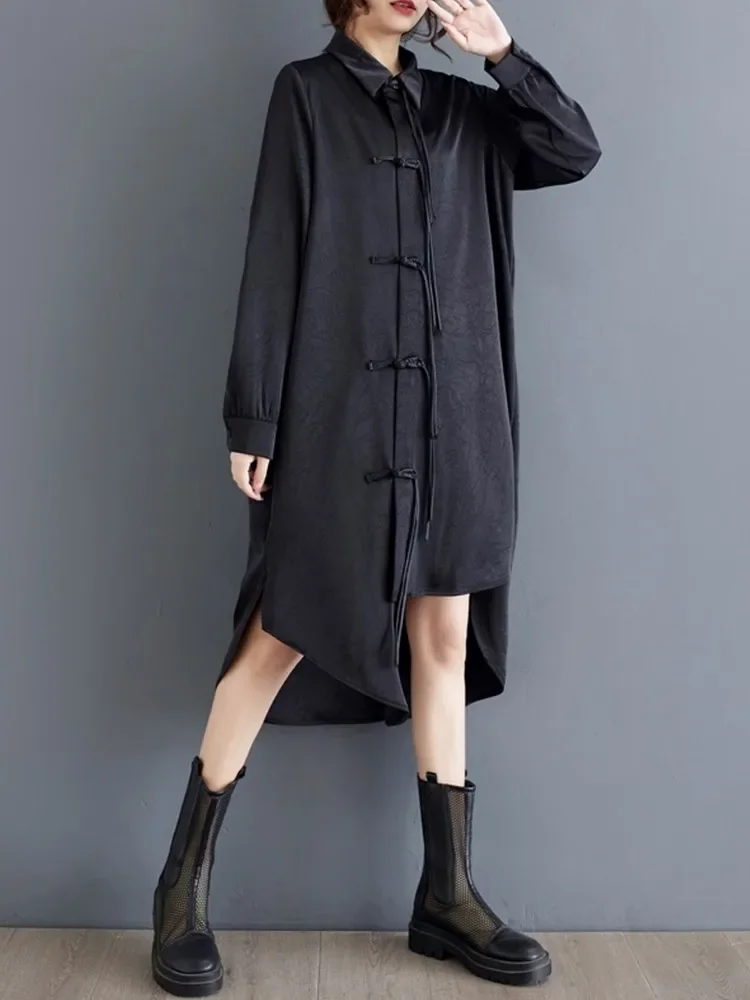 oversized vintage zwart met lange mouwen nieuw in jurken voor dames casual losse midi lente herfst shirtjurk elegante kleding 2025