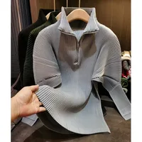Miyake Pleated Sweatshirt Pit Stripe Zipper Standing Collar Jacket Women 2025 New Casual Pullover Hundred Pleat Skinny Tops