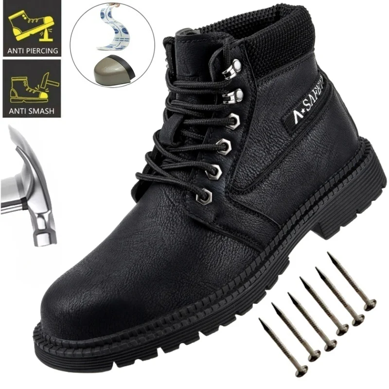 PU Leather Safety Shoes Men Work Shoes Steel Toe Cap Working Boots Sneakers Man Anti Puncture Breathable Work Footwear