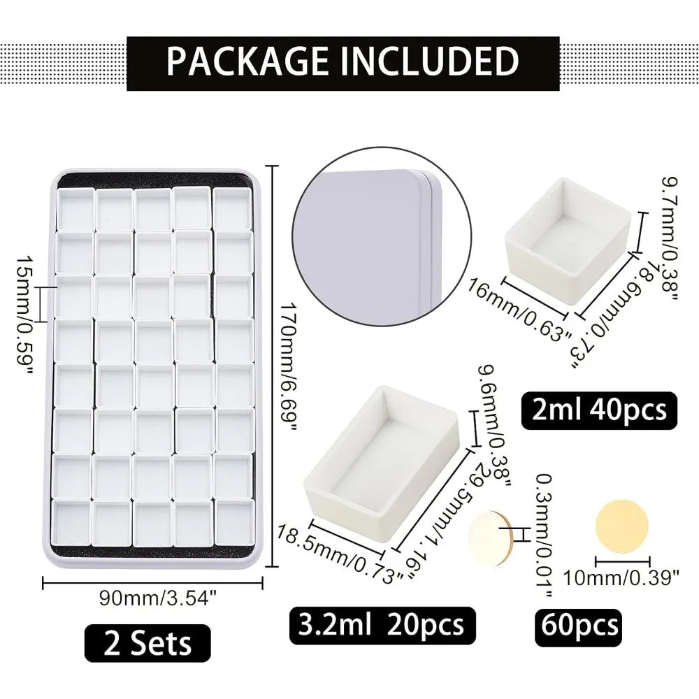 1Set 2Pack Empty Watercolor Tin Palette Travel Tin Palette Case with 40pcs Half Pans 20pcs Full Pans and 60Double-Sided Adhesive