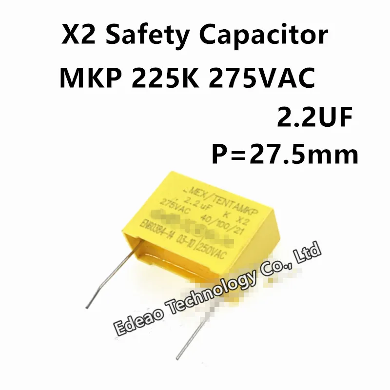 10PCS/LOt NEW X2 Safety capacitor 225K 275VAC MPX MKP 2.2UF 275V 10% X2 275V225K Pitch27.5mm Polyester Film Capacitors