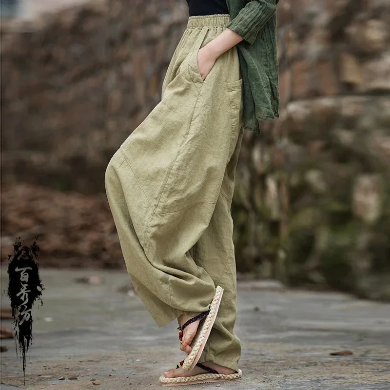 Ramie Linen Lantern Pants Wide Leg Loose Drape Long Trousers For Women Meditation Tai Chi Yoga Casual Boho Spring Summer Outfit