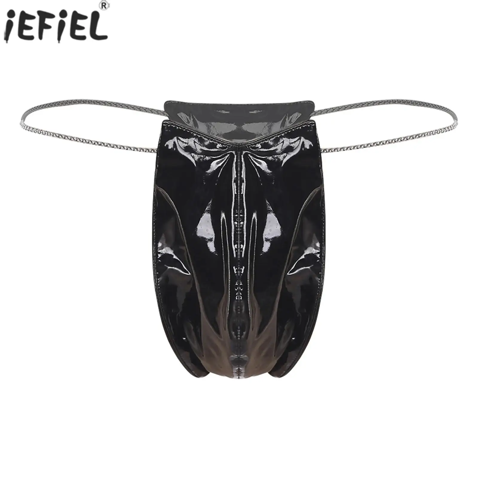 

Men Sexy Low Rise Thong Underwear Metal Chain Waist Glossy PU Bulge Pouch Micro Briefs Lingerie for Couple Games Flirting Briefs