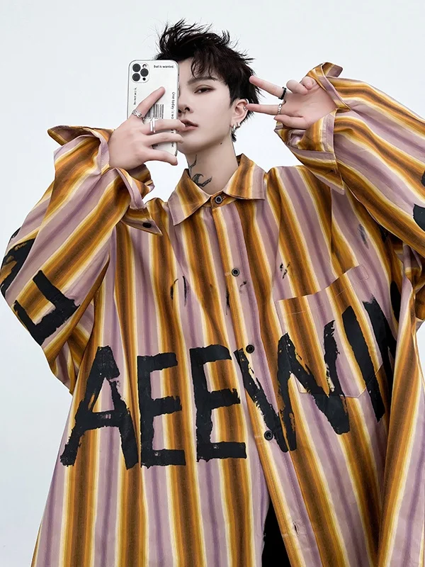 

Мужская рубашка в американском стиле, свободного кроя, с длинными рукавами, в полоску, модная корейская мода, повседневная модная рубашка с цветочным принтом