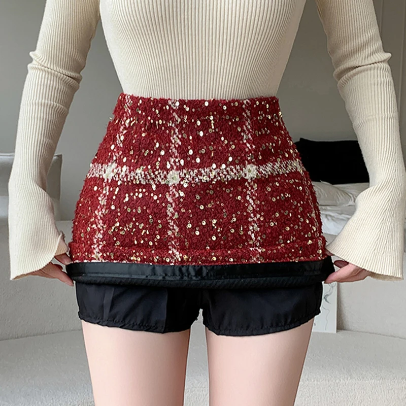 Red Plaid Sequin Woolen Half Skirt Women's Autumn Winter Temperament High Waist A-line Short Skirts Anti- glare Slim Skirts