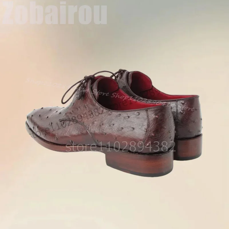 Brown Ostrich Print Square Toe Men Derby Shoes Fashion Lace Up Men Shoes Luxurious Handmade Party Banquet Office Men Dress Shoes