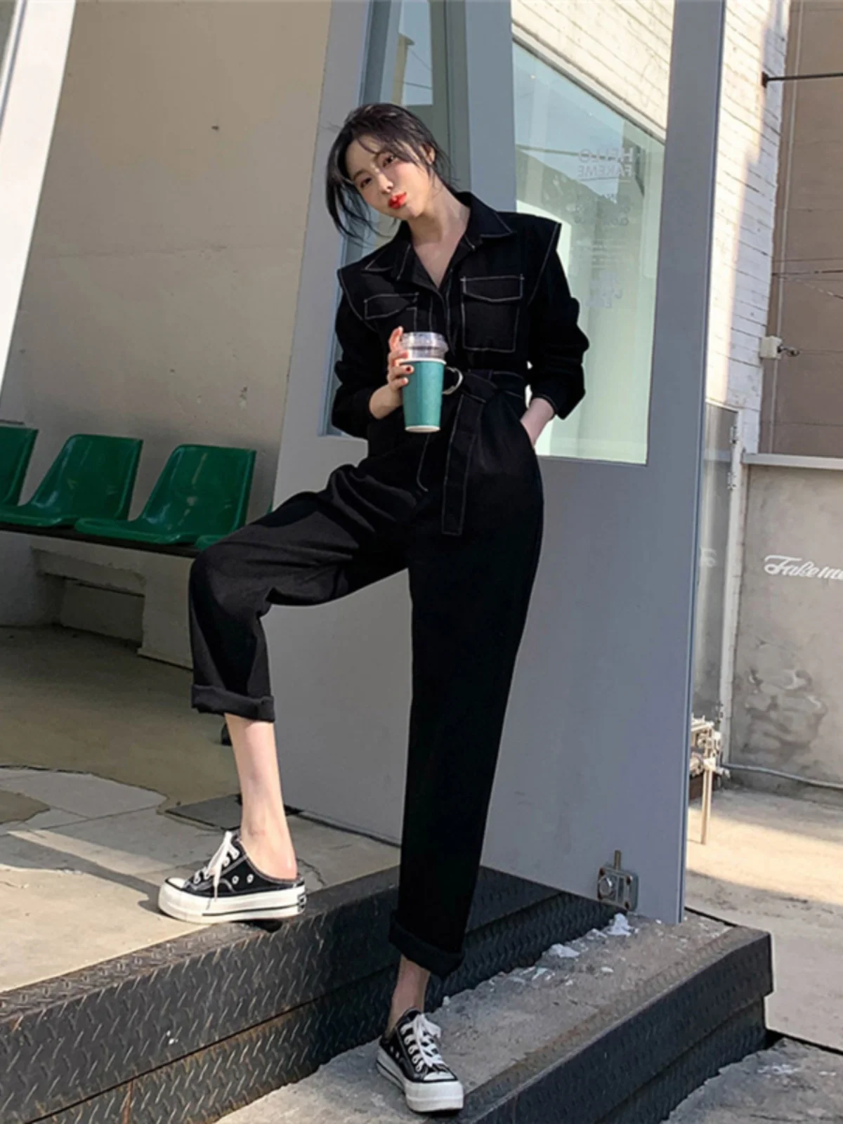 ارتفاع الخصر وزرة الدنيم المرأة عارضة فضفاضة تناسب مجموعة القرد الذاكرة العميقة اللون الخريف موسم Faion عمال نيسيي