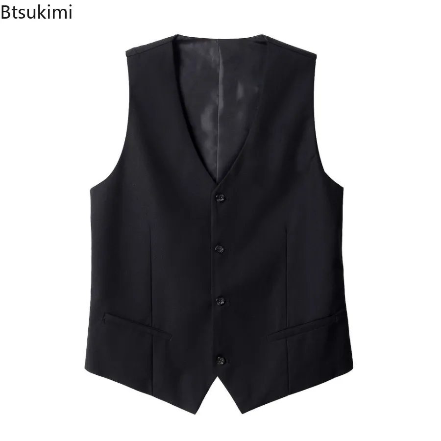2025 nuevo traje de moda para hombre, chaleco con una botonadura, chaleco liso ajustado con cuello en V sin mangas, chaleco Formal para vestido de boda de negocios para hombre