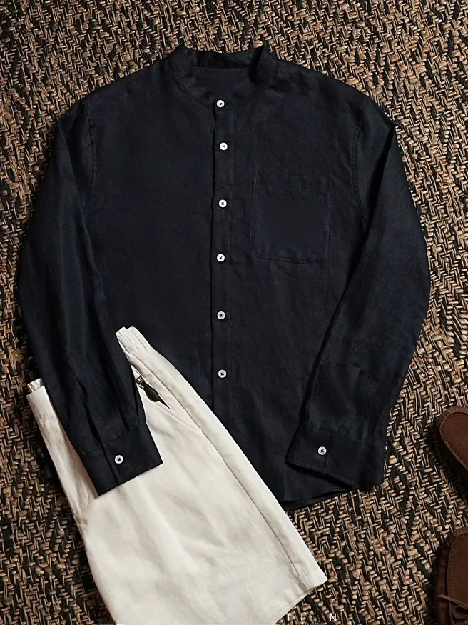 Premium Cotton Linen Men's Shirt American Casual Long Sleeve Henry Collar Slim Fit Workwear Simulation Linen Shirt Trendy