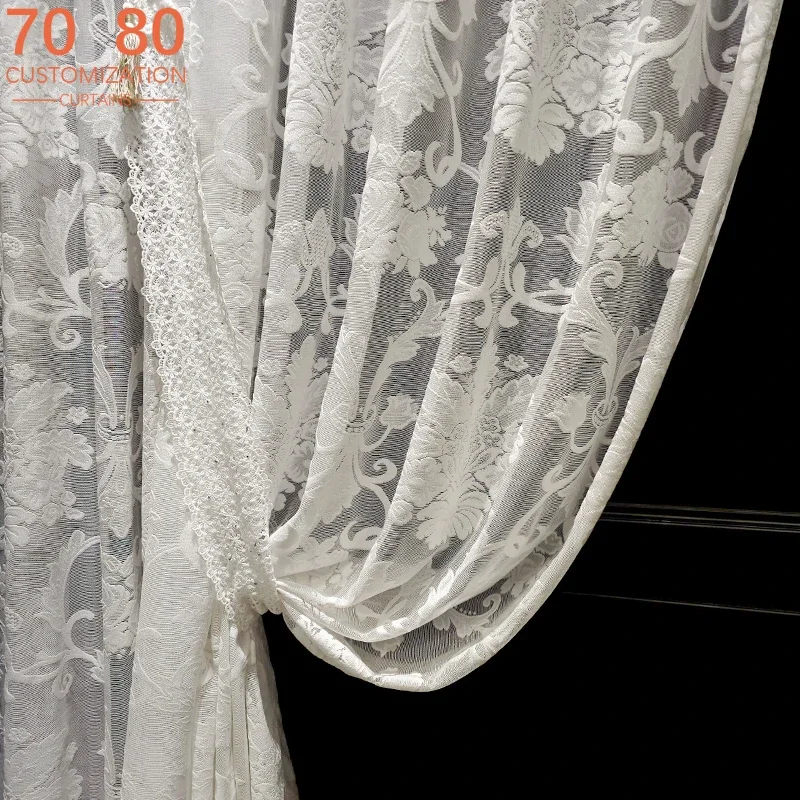 White Jacquard Gauze Curtains Lace Embroidery Curtains for Living Room Bedroom Floor Windows Floating Window Customised