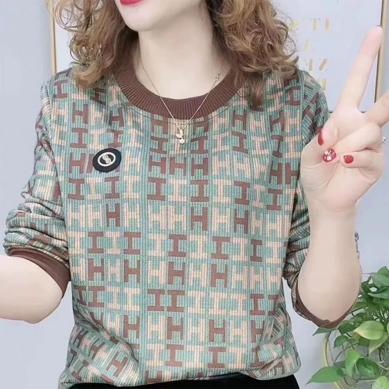 

Autumn Winter Letter Printed Vintage Fleece Long Sleeve Tops Fashion Women's Clothing Casual Round Neck Loose Pullovers T-shirt
