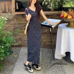 Fashion Bag Hip Long Short Dress Sexy Summer Vintage Broken Flowers Female Clothing Commute Elegant V-Neck Slim Waist Dresses