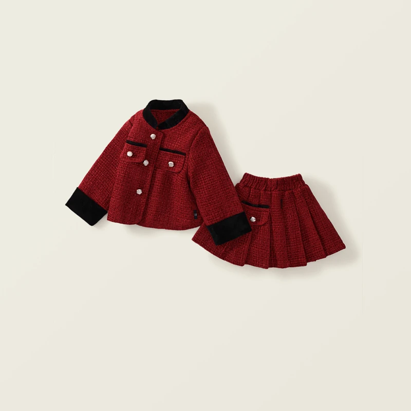 Girls Laminated Cotton Thickened Small Fragrance Set 2024 Winter New Red Coat for Children + Skirt Two-piece Set 2-8y