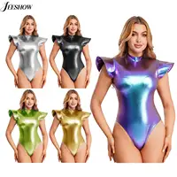 Womens Shiny Metallic Fly Sleeve Bodysuit Holographic Mock Neck Back Zipper High Cut Leotard Space Theme Party Cosplay Costume - Image 3